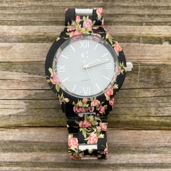 SOLD💲Black Floral rose link watch quartz large face Japan movement - Picture 2 of 9